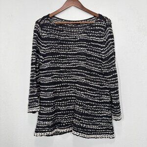 Eileen Fisher Size M Chunky Loose Knit Boatneck Sweater Black White Minimalist